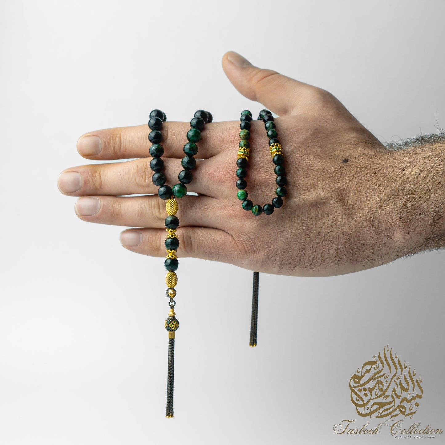 Zarafet - Father & Son Tasbih Set – African Emerald & Gold-Plated Sterling Silver - Limited Edition