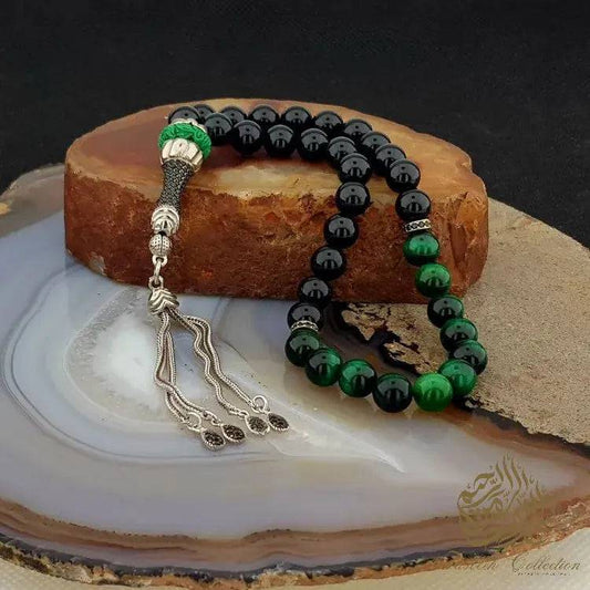 Green Tiger Eye and Onyx Rosary Tasbih with 925 Sterling Silver - Tasbeeh Collection