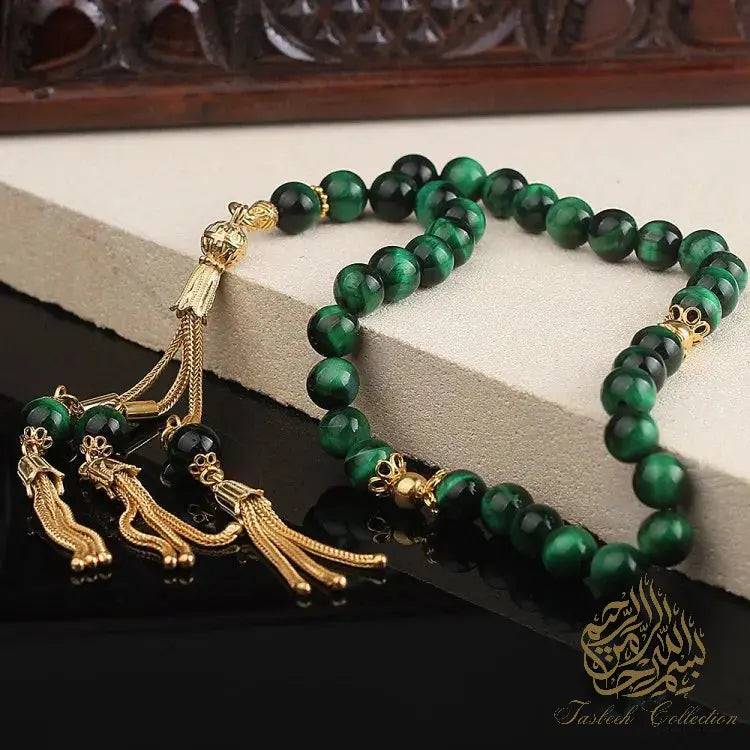 Tiger Eye Green Rosary Tasbih with 925 Sterling Silver Tassel - Tasbeeh Collection