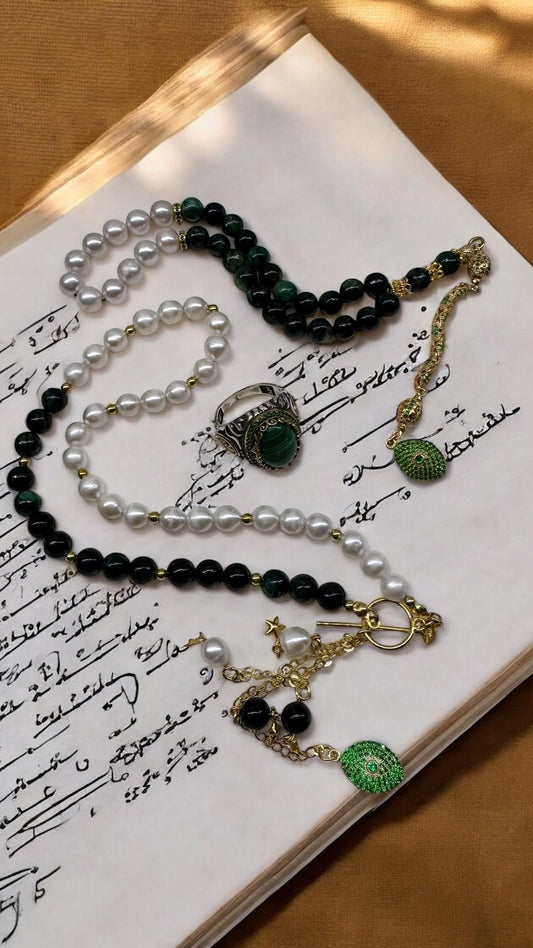 Zarafet - Husband & Wife Set – Gold-Plated Emerald, Pearl & Malachite Set - Limited Edition