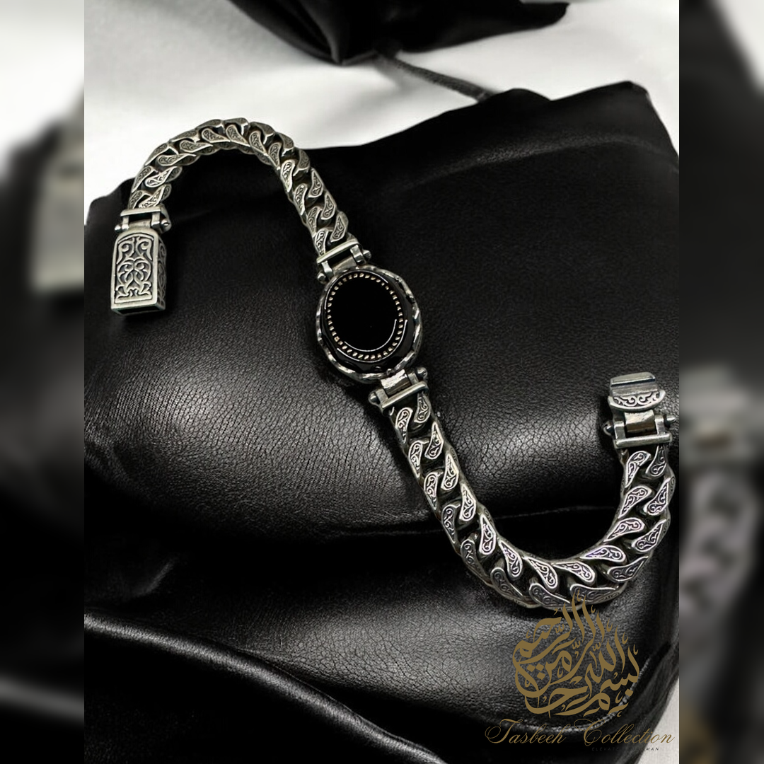 Sterling Silver Cuban Bracelet with Onyx Stone