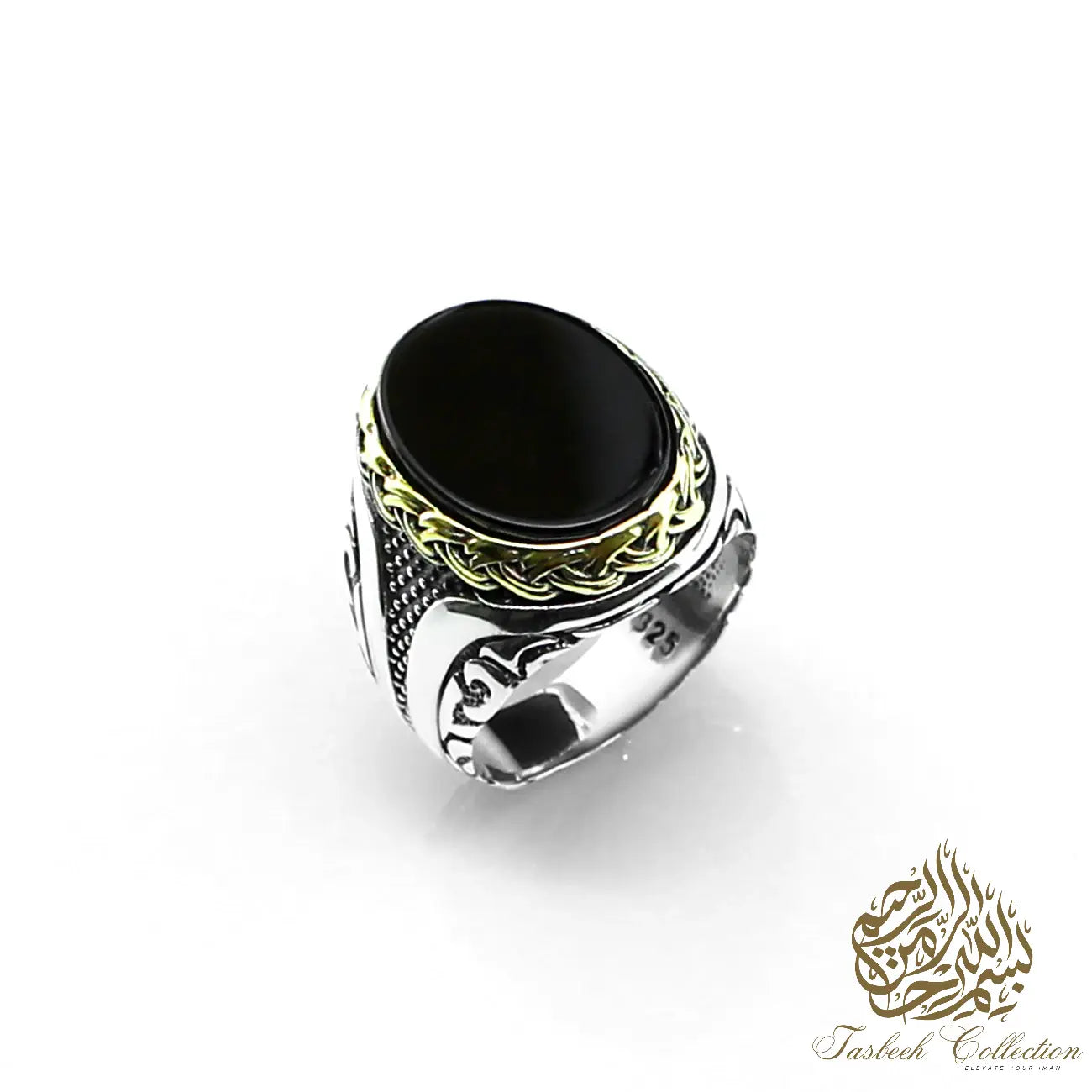 Hand Made 925 Carat Sterling Silver Ring with Choice of Tiger Eye, Black Onyx, Green or Red Agate - Tasbeeh Collection