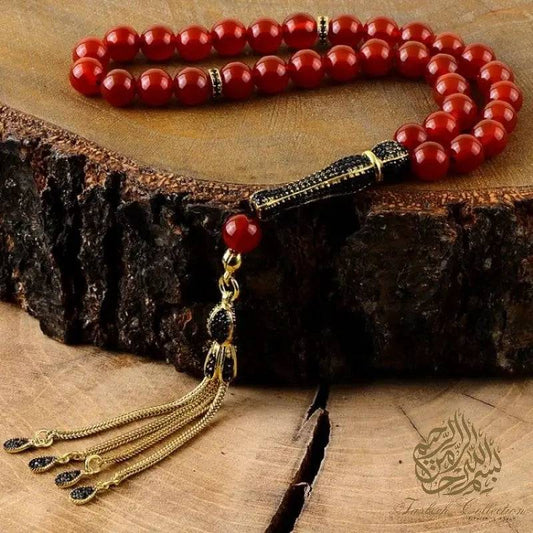 Agate/Onyx Rosary with Zircon Stone Lined 925 Silver Tassel - Tasbeeh Collection