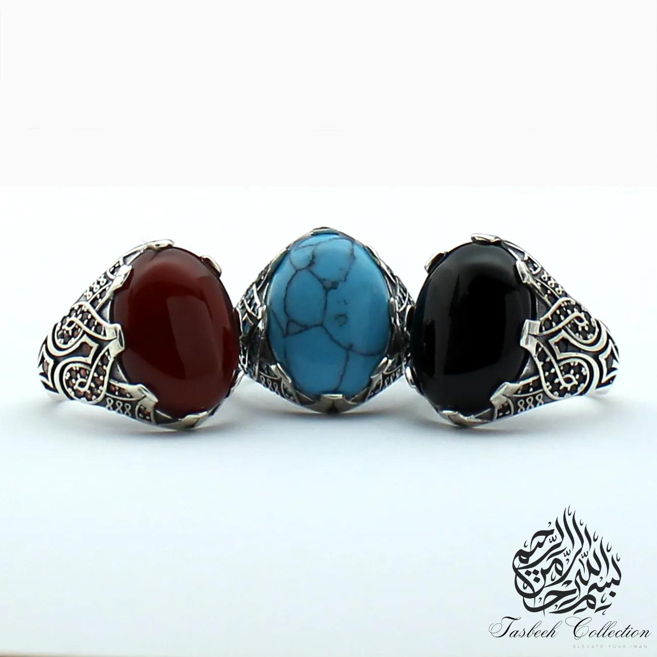 Sterling 925 Silver Ring with Turquoise, Onyx or Agate Stone - Tasbeeh Collection