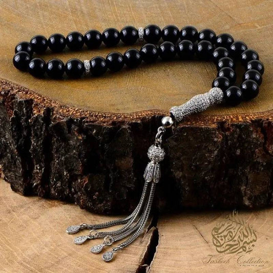 Agate/Onyx Rosary with Zircon Stone Lined 925 Silver Tassel - Tasbeeh Collection