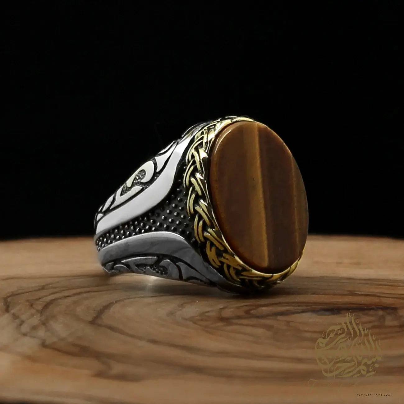 Hand Made 925 Carat Sterling Silver Ring with Choice of Tiger Eye, Black Onyx, Green or Red Agate - Tasbeeh Collection
