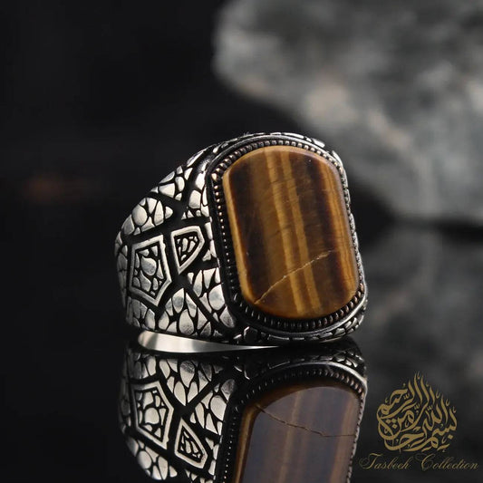 Turquoise Stone/Tiger Eye/Black Onyx/Green or Red Agate Silver 925 Ring - Tasbeeh Collection