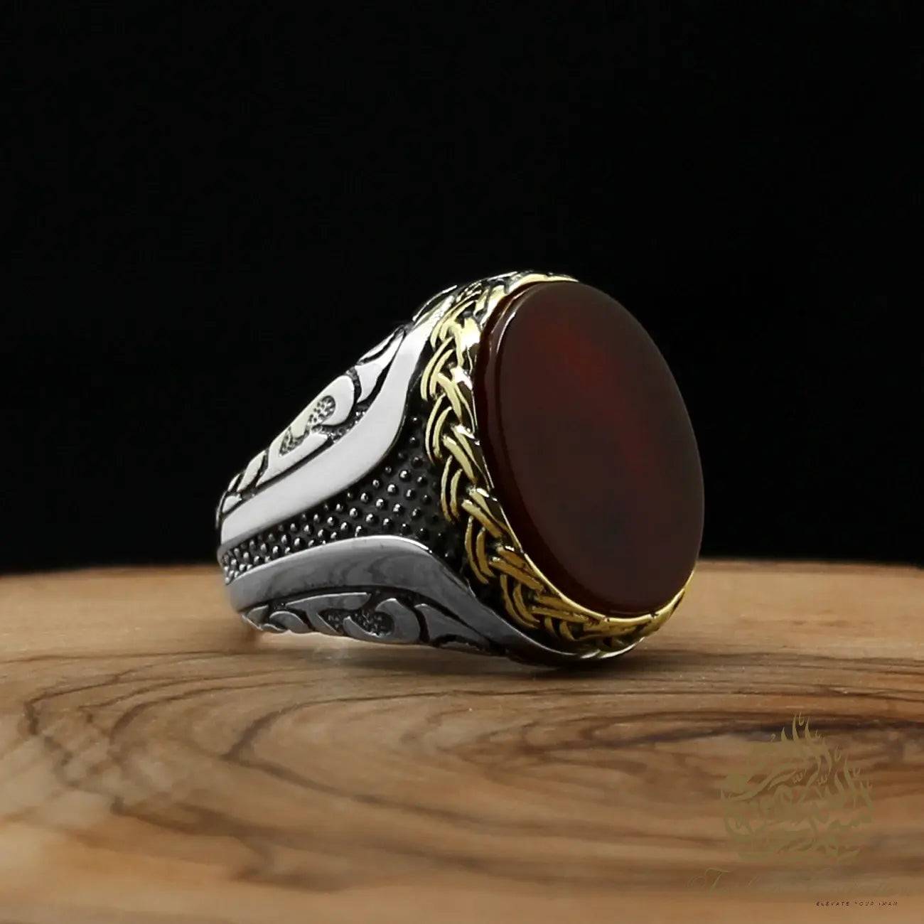 Hand Made 925 Carat Sterling Silver Ring with Choice of Tiger Eye, Black Onyx, Green or Red Agate - Tasbeeh Collection