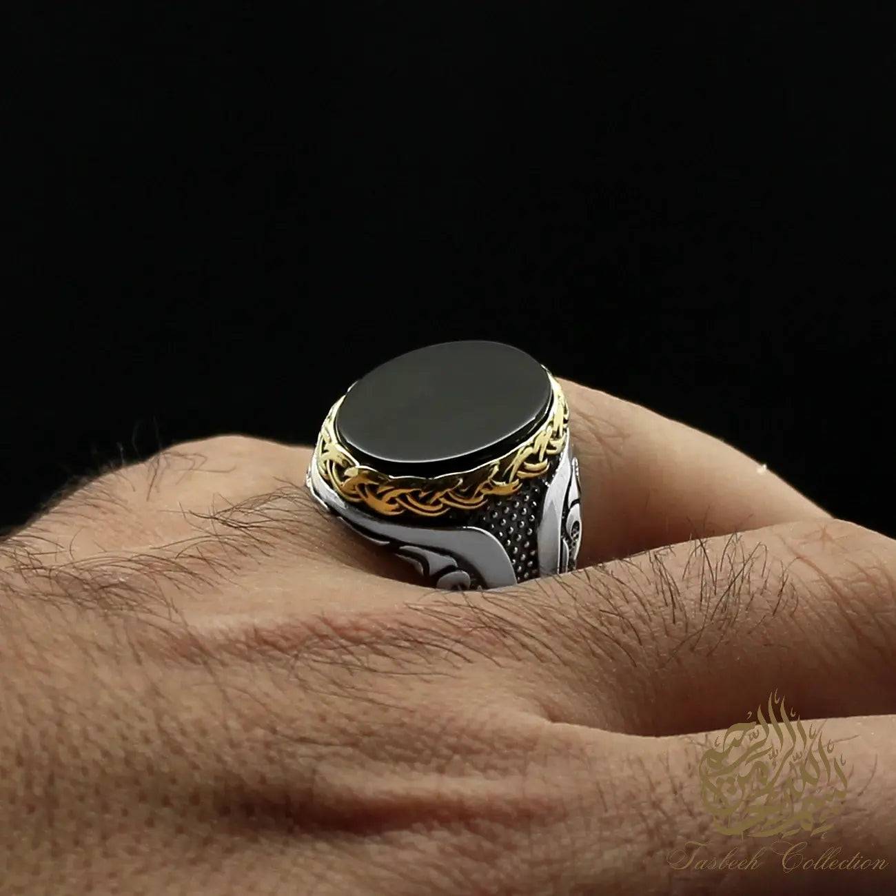 Hand Made 925 Carat Sterling Silver Ring with Choice of Tiger Eye, Black Onyx, Green or Red Agate - Tasbeeh Collection