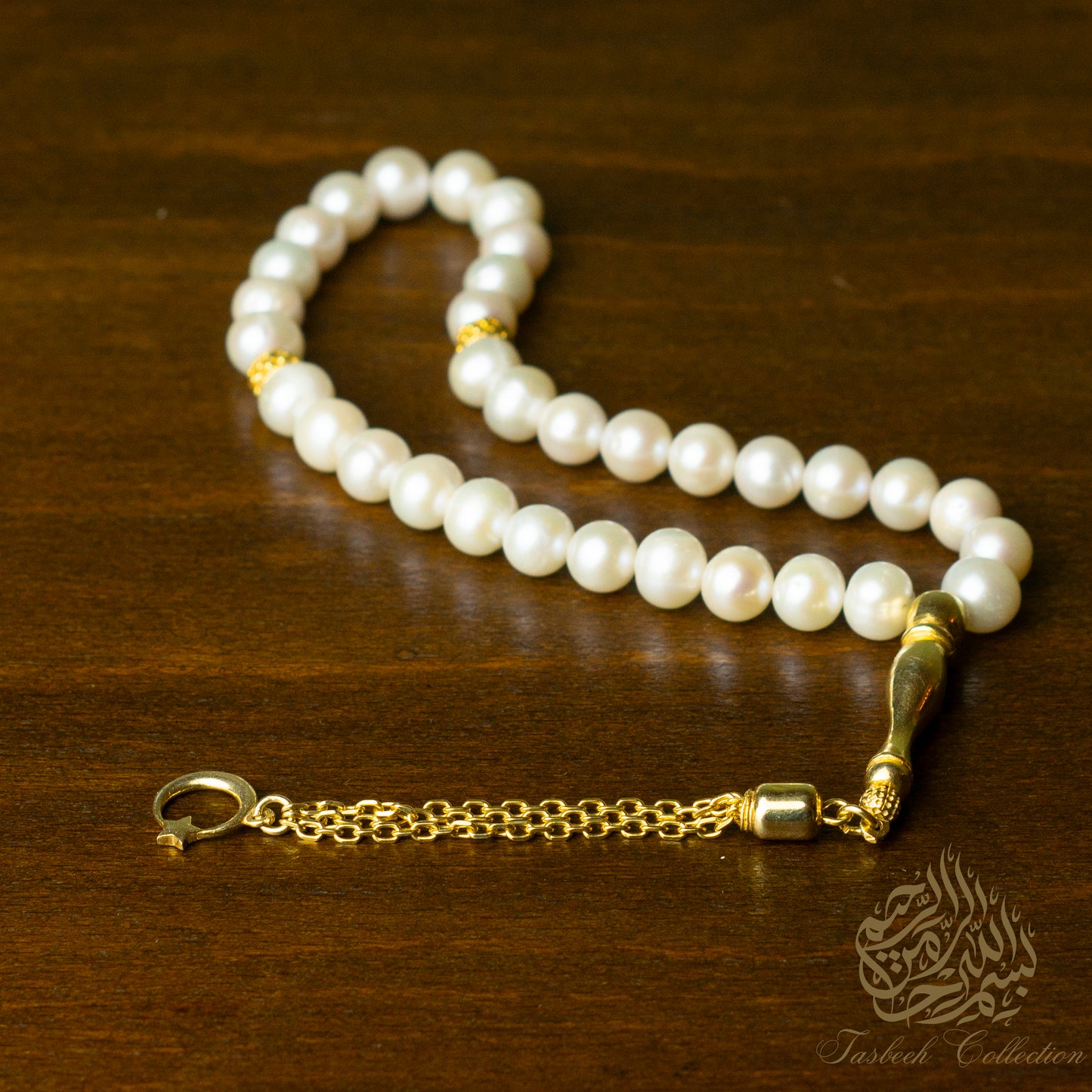 Pearl Stone Rosary Tasbih with 925 Sterling Silver Tassel