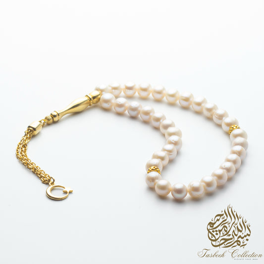 Pearl Stone Rosary Tasbih with 925 Sterling Silver Tassel