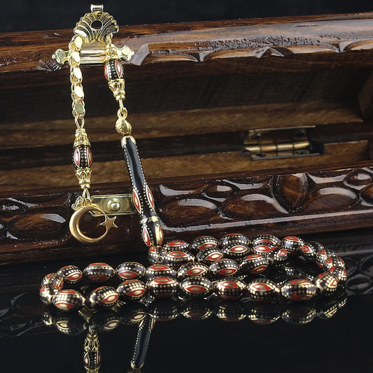 Silver Ayyıldız Tasseled Enamel Embroidered Georgian Oltu Stone Rosary - Tasbeeh Collection