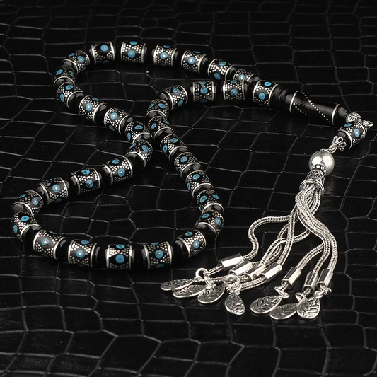 Silver Tassel Enamel and Silver Embroidered Erzurum Oltu Rosary - Tasbeeh Collection