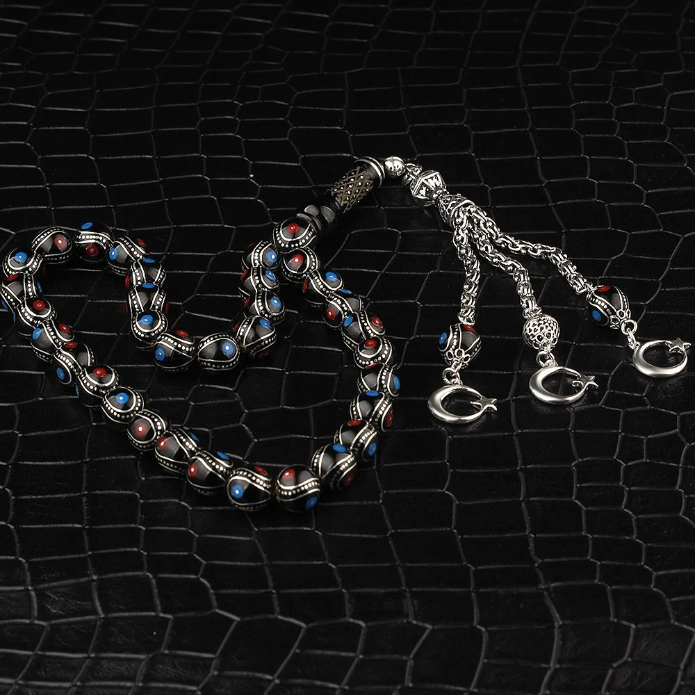 Silver Tassel Enamel and Silver Embroidered Erzurum Oltu Rosary - Tasbeeh Collection