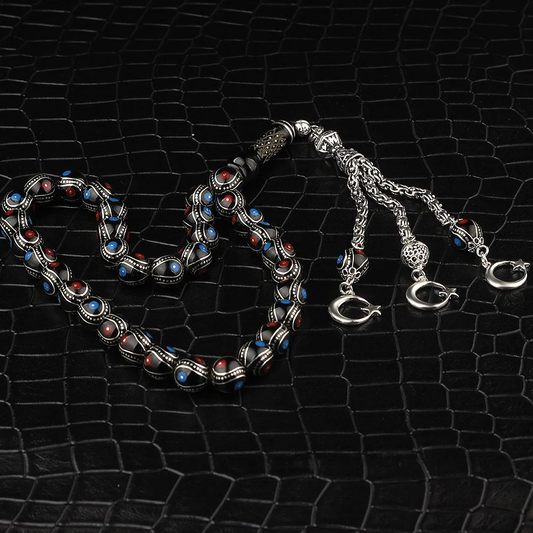 Silver Tassel Enamel and Silver Embroidered Erzurum Oltu Rosary - Tasbeeh Collection