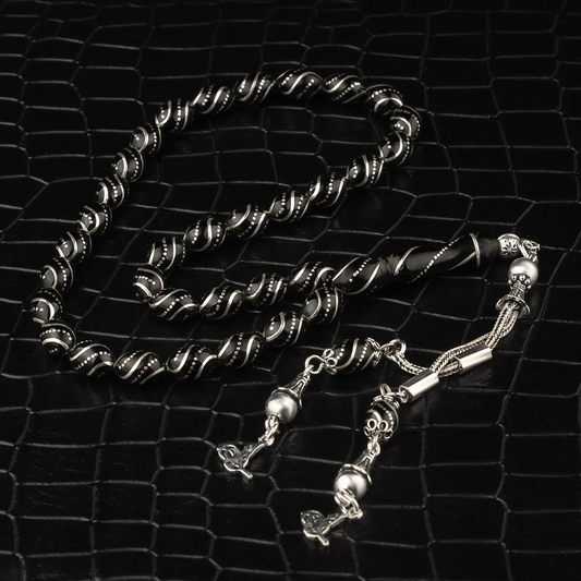 Silver Tassel Seasoning Nightingale Embroidered Erzurum Oltu Stone Rosary - Tasbeeh Collection