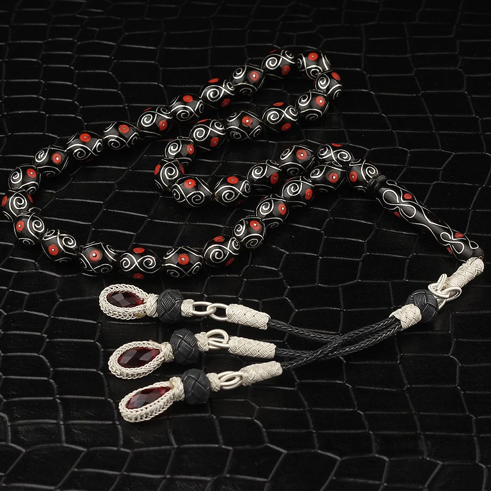 Kazaz Tasseled Enamel and Silver Embroidered Erzurum Oltu Rosary - Tasbeeh Collection