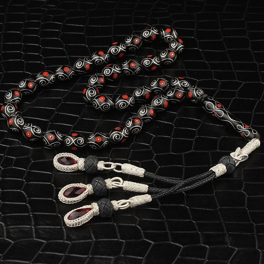 Kazaz Tasseled Enamel and Silver Embroidered Erzurum Oltu Rosary - Tasbeeh Collection