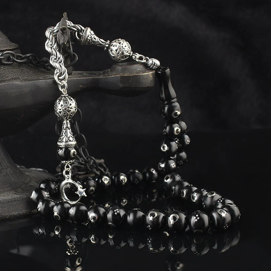 Georgian Oltu Stone Rosary with Silver Tassels - Tasbeeh Collection