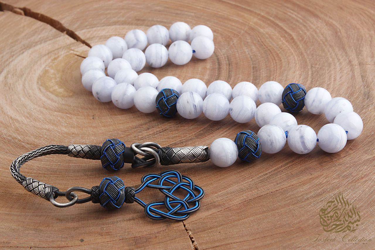 Silver Casez Tassel Chalcedony Stone Rosary