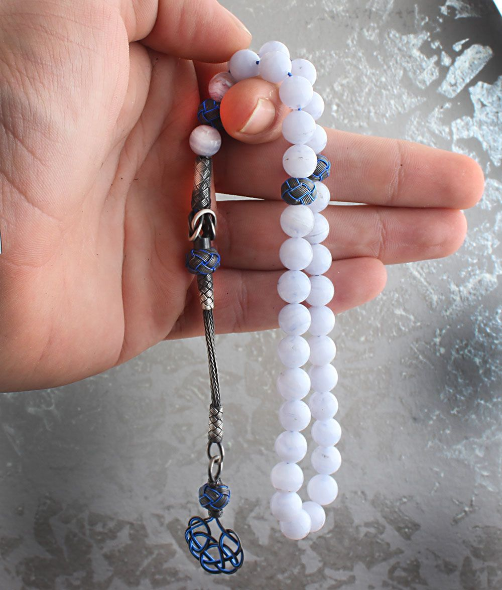 Silver Casez Tassel Chalcedony Stone Rosary