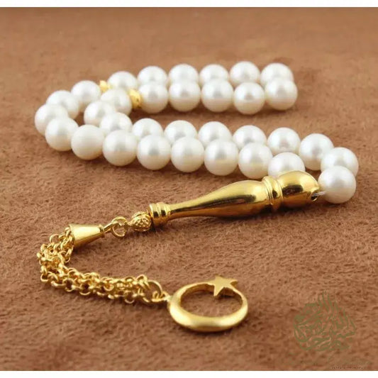 Pearl Stone Rosary Tasbih with 925 Sterling Silver Tassel