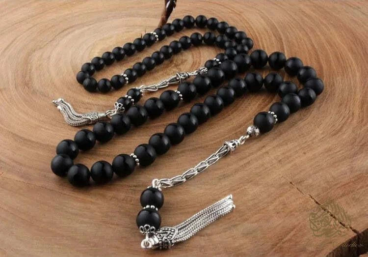 Father and Son Black Agate Tasbih with 925 Sterling Silver Tassel