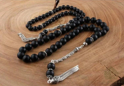 Father and Son Black Agate Tasbih with 925 Sterling Silver Tassel - Tasbeeh Collection