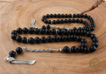 Father and Son Black Agate Tasbih with 925 Sterling Silver Tassel - Tasbeeh Collection