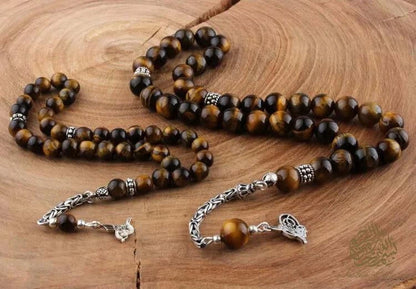 Father and Son Tiger Eye Tasbih with 925 Sterling Silver Tassel - Tasbeeh Collection