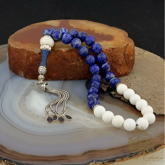 Lapis Lazuli and White Onyx Tasbih with 925 Sterling Silver Tassel