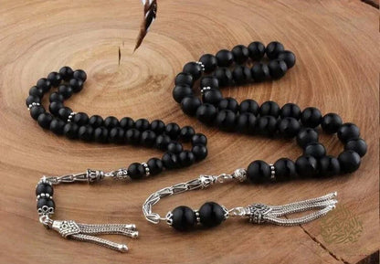 Father and Son Black Agate Tasbih with 925 Sterling Silver Tassel - Tasbeeh Collection