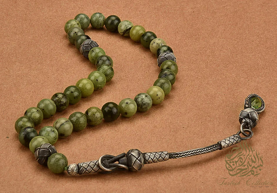 Canadian Jade Rosary Tasbih with 925 Sterling Silver Kazaz Tassel – Premium Handcrafted Design