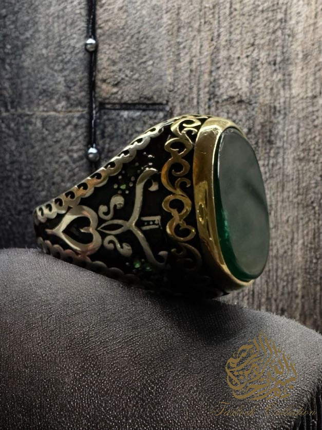 Green Natural Agate Hearts and Vines Premium Ring