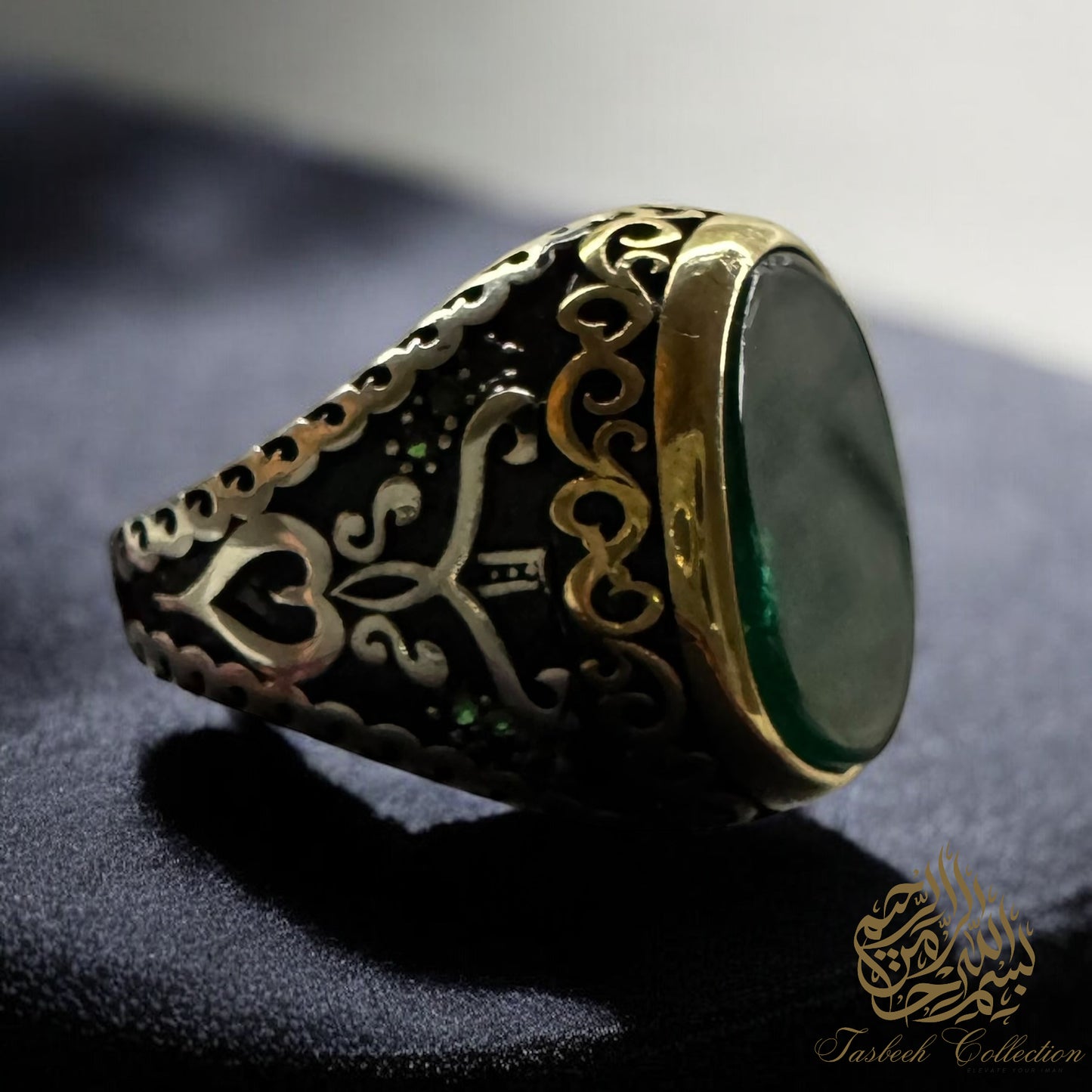 Green Natural Agate Hearts and Vines Premium Ring