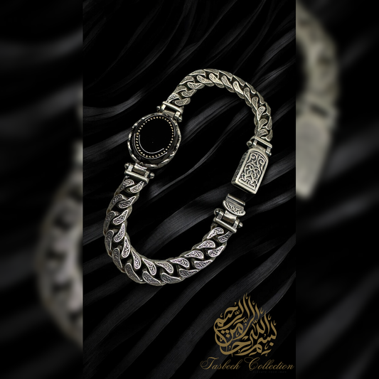 Sterling Silver Cuban Bracelet with Onyx Stone