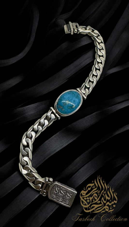 Sterling Silver Cuban Bracelet with Turquoise Stone