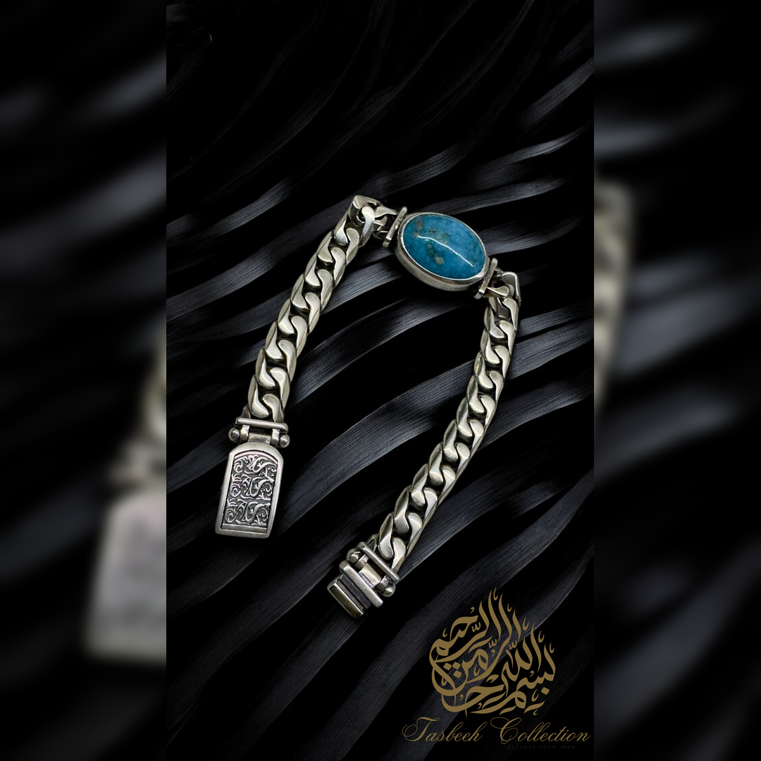 Sterling Silver Cuban Bracelet with Turquoise Stone