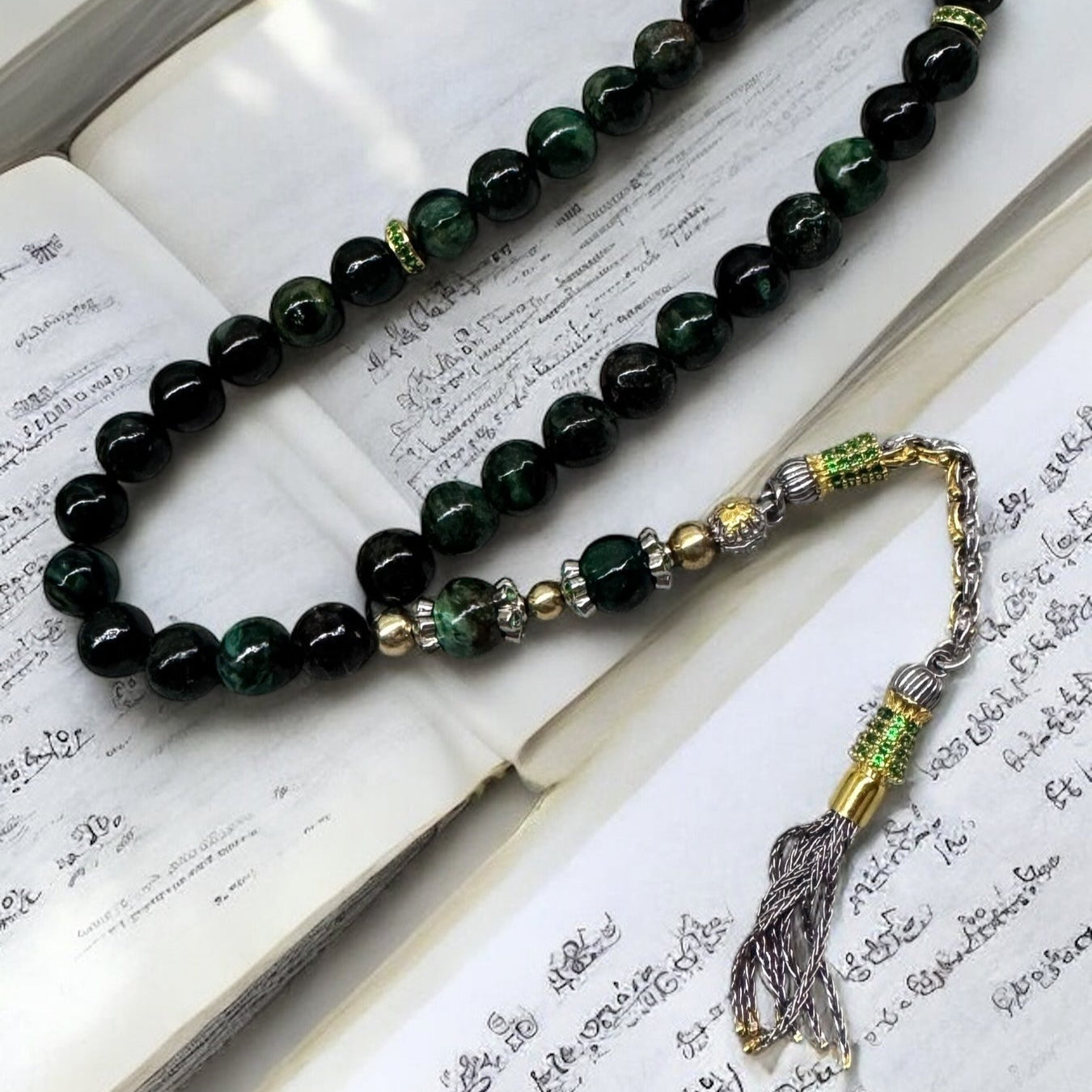 Zarafet - Limited Edition - Rosary with African Emerald and  925 Sterling Silver Tassel