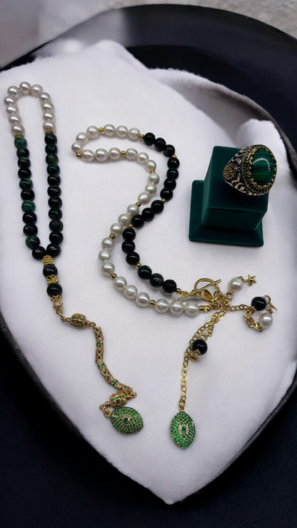 Zarafet Husband & Wife Edition – Gold-Plated Emerald, Pearl & Malachite Set