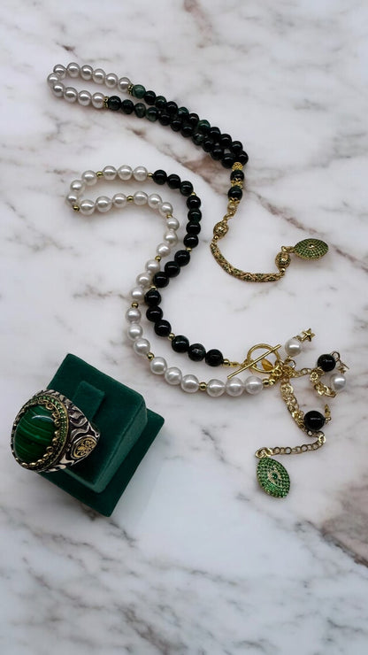 Zarafet Husband & Wife Edition – Gold-Plated Emerald, Pearl & Malachite Set