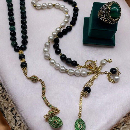 Zarafet - Husband & Wife Set – Gold-Plated Emerald, Pearl & Malachite Set - Limited Edition