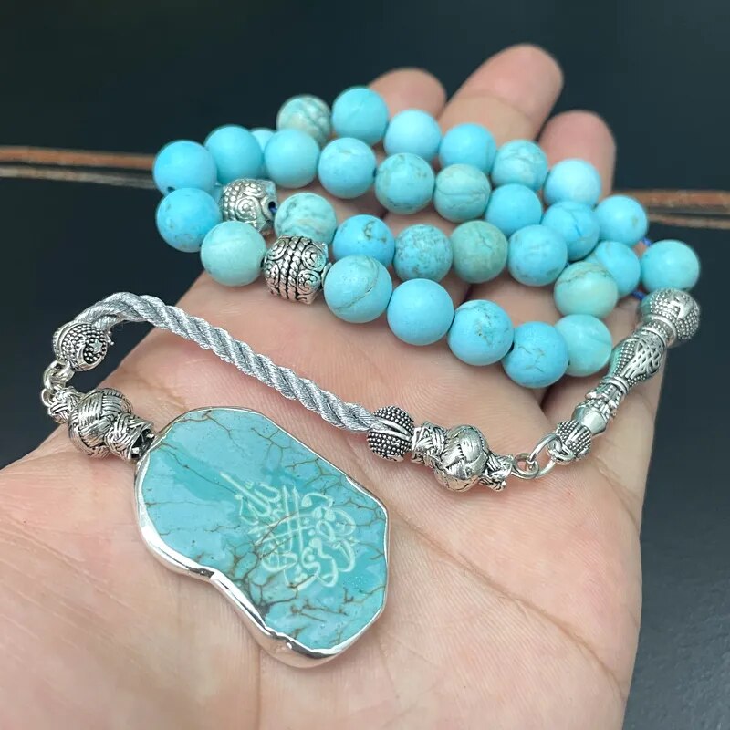 Natural Turquoise Tasbih with/without Arabic carving pendant