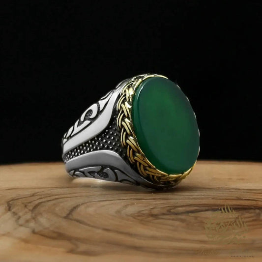 Hand Made 925 Carat Sterling Silver Ring with Choice of Tiger Eye, Black Onyx, Green or Red Agate - Tasbeeh Collection
