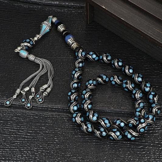 Silver Tassel and Silver Embroidered Erzurum Oltu Stone Rosary