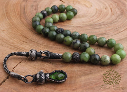 Canadian Jade Rosary Tasbih with 925 Sterling Silver Kazaz Tassel – Premium Handcrafted Design