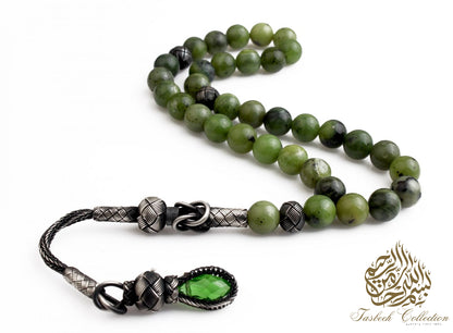 Canadian Jade Rosary Tasbih with 925 Sterling Silver Kazaz Tassel – Premium Handcrafted Design